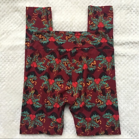 LulaRoe Mistletoe Holly Holiday One Size Leggings - Picture 1 of 7